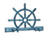 Rustic Dark Blue Whitewashed Cast Iron Ship Wheel with Hooks 8 - 3