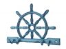 Rustic Dark Blue Whitewashed Cast Iron Ship Wheel with Hooks 8 - 2