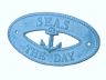Light Blue Whitewashed Cast Iron Seas the Day with Anchor Sign 8 - 1