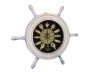 Wooden Whitewashed Ship Wheel with Dark Blue Knot Face Clock 12 - 3
