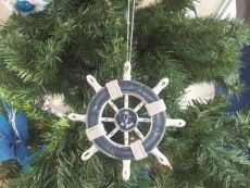 Rustic Dark Blue and White Decorative Ship Wheel With Anchor Christmas Tree Ornament 6