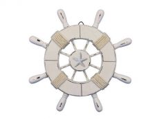 Rustic All White Decorative Ship Wheel With Starfish 9