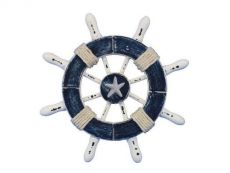 Rustic Dark Blue and White Decorative Ship Wheel With Starfish 6