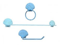 Rustic Light Blue Cast Iron Seashell Bathroom Set of 3 - Large Bath Towel Holder and Towel Ring and Toilet Paper Holder