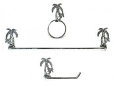 Antique Silver Cast Iron Palm Tree Bathroom Set of 3 - Large Bath Towel Holder and Towel Ring and Toilet Paper Holder