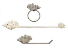 Whitewashed Cast Iron Conch Shell Bathroom Set of 3 - Large Bath Towel Holder and Towel Ring and Toilet Paper Holder