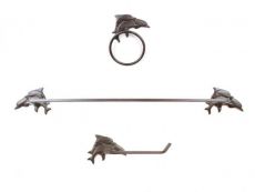 Cast Iron Decorative Dolphins Bathroom Set of 3 - Large Bath Towel Holder and Towel Ring and Toilet Paper Holder