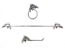 Rustic Silver Cast Iron Decorative Dolphins Bathroom Set of 3 - Large Bath Towel Holder and Towel Ring and Toilet Paper Holder