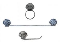 Antique Silver Cast Iron Seashell Bathroom Set of 3 - Large Bath Towel Holder and Towel Ring and Toilet Paper Holder 