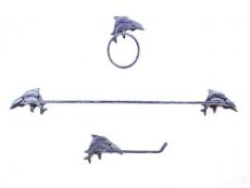 Rustic Dark Blue Cast Iron Decorative Dolphins Bathroom Set of 3 - Large Bath Towel Holder and Towel Ring and Toilet Paper Holder