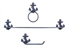 Rustic Dark Blue Cast Iron Anchor Bathroom  Set of 3 - Large Bath Towel Holder and Towel Ring and Toilet Paper Holder