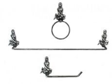 Antique Silver Cast Iron Mermaid Bathroom Set of 3 - Large Bath Towel Holder and Towel Ring and Toilet Paper Holder