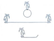 Whitewashed Cast Iron Palm Tree Bathroom Set of 3 - Large Bath Towel Holder and Towel Ring and Toilet Paper Holder