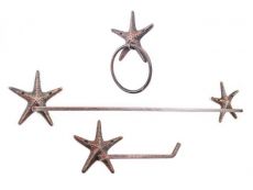 Rustic Copper Cast Iron Starfish Bathroom Set of 3 - Large Bath Towel Holder and Towel Ring and Toilet Paper Holder