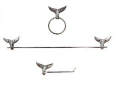 Rustic Silver Cast Iron Whale Tail Bathroom Set of 3 - Large Bath Towel Holder and Towel Ring and Toilet Paper Holder