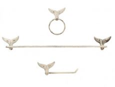 Whitewashed Cast Iron Whale Tail Bathroom Set of 3 - Large Bath Towel Holder and Towel Ring and Toilet Paper Holder