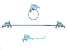 Rustic Light Blue Cast Iron Decorative Dolphins Bathroom Set of 3 - Large Bath Towel Holder and Towel Ring and Toilet Paper Holder