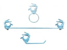 Rustic Light Blue Cast Iron Decorative Arching Mermaid Bathroom Set of 3 - Large Bath Towel Holder and Towel Ring and Toilet Paper Holder