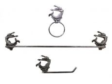 Rustic Silver Cast Iron Decorative Arching Mermaid Bathroom Set of 3 - Large Bath Towel Holder and Towel Ring and Toilet Paper Holder