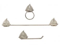 Whitewashed Cast Iron Sailboat Bathroom Set of 3 - Large Bath Towel Holder and Towel Ring and Toilet Paper Holder