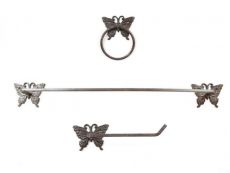 Cast Iron Butterfly Bathroom Set of 3 - Large Bath Towel Holder and Towel Ring and Toilet Paper Holder