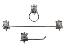 Rustic Silver Cast Iron Turtle Bathroom Set of 3 - Large Bath Towel Holder and Towel Ring and Toilet Paper Holder