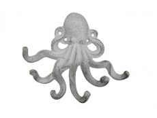 Whitewashed Cast Iron Decorative Wall Mounted Octopus with Six Hooks 7