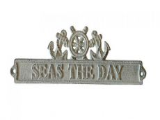 Whitewashed Cast Iron Seas the Day Sign with Ship Wheel and Anchors 9