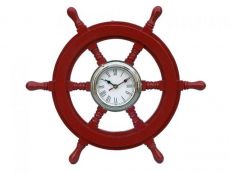 Deluxe Class Red Wood and Chrome Pirate Ship Wheel Clock 18\