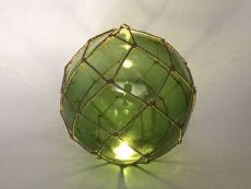Tabletop LED Lighted Green Japanese Glass Ball Fishing Float with Brown Netting Decoration 10\