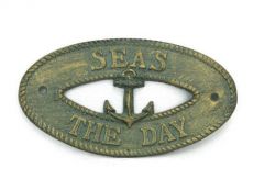 Antique Bronze Cast Iron Seas the Day with Anchor Sign 8