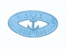Light Blue Whitewashed Cast Iron Seas the Day with Anchor Sign 8
