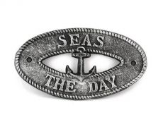 Antique Silver Cast Iron Seas the Day with Anchor Sign 8
