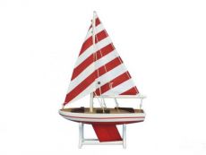 Wooden Decorative Sailboat Model with Rustic Red Stripes 12