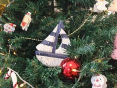 Wooden Rustic Decorative Blue and White Sailboat Christmas Tree Ornament
