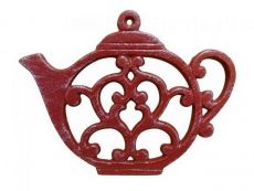 Rustic Red Whitewashed Cast Iron Round Teapot Trivet 8
