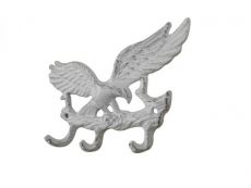 Whitewashed Cast Iron Flying Eagle Landing on a Tree Branch Decorative Metal Wall Hooks 7.5