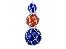 Blue - Orange - Blue Japanese Glass Ball Fishing Floats with White Netting Decoration 11