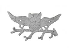 Whitewashed Cast Iron Flying Owl Landing on a Tree Branch Decorative Metal Wall Hooks 7.5