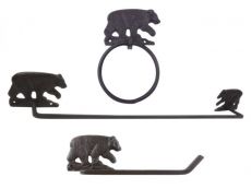 Cast Iron Black Bear Bathroom Set of 3 - Large Bath Towel Holder and Towel Ring and Toilet Paper Holder 