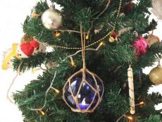 LED Lighted Dark Blue Japanese Glass Ball Fishing Float with Brown Netting Christmas Tree Ornament 4\