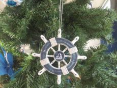 Rustic Dark Blue and White Decorative Ship Wheel With Sailboat Christmas Tree Ornament 6