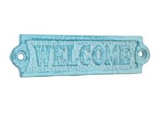 Rustic Light Blue Whitewashed Cast Iron Welcome Sign 6