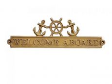 Antique Brass Welcome Aboard Sign with Ship Wheel and Anchors 12