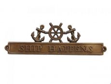 Antique Brass Ship Happens Sign with Ship Wheel and Anchors 12