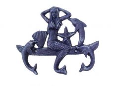 Rustic Dark Blue Cast Iron Wall Mounted Mermaid with Dolphin Hooks 9