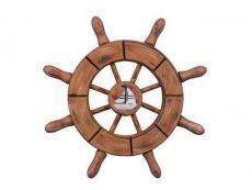 Rustic Wood Finish Decorative Ship Wheel With Sailboat 6