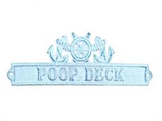  Dark Blue Whitewashed Cast Iron Poop Deck Sign with Ship Wheel and Anchors 9