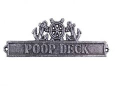 Antique Silver Cast Iron Poop Deck Sign with Ship Wheel and Anchors 9