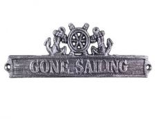 Antique Silver Cast Iron Gone Sailing Sign with Ship Wheel and Anchors 9
